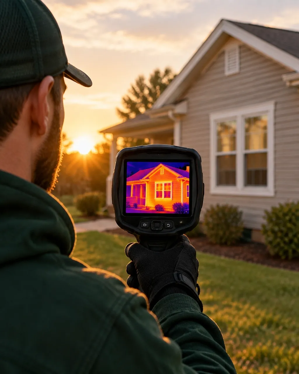 Thermal imaging camera revealing heat patterns on a home
